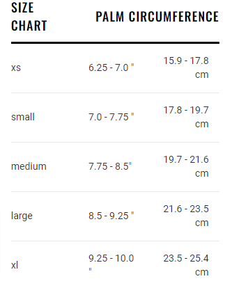Metolius Crack Gloves Size Chart